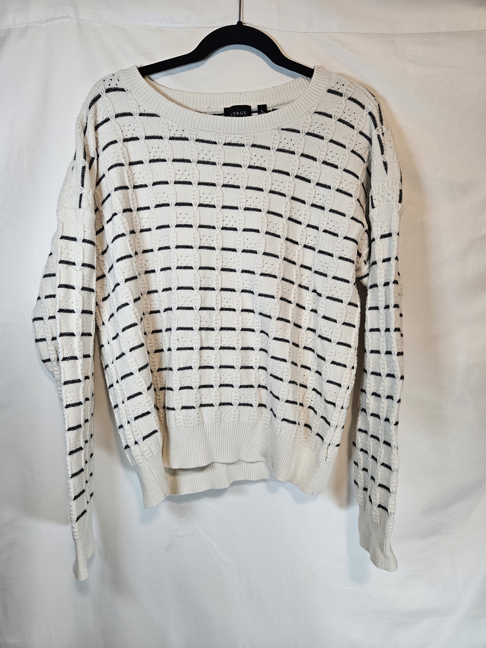 Cyrus Cream Sweater with Black Grid Stripe Detail